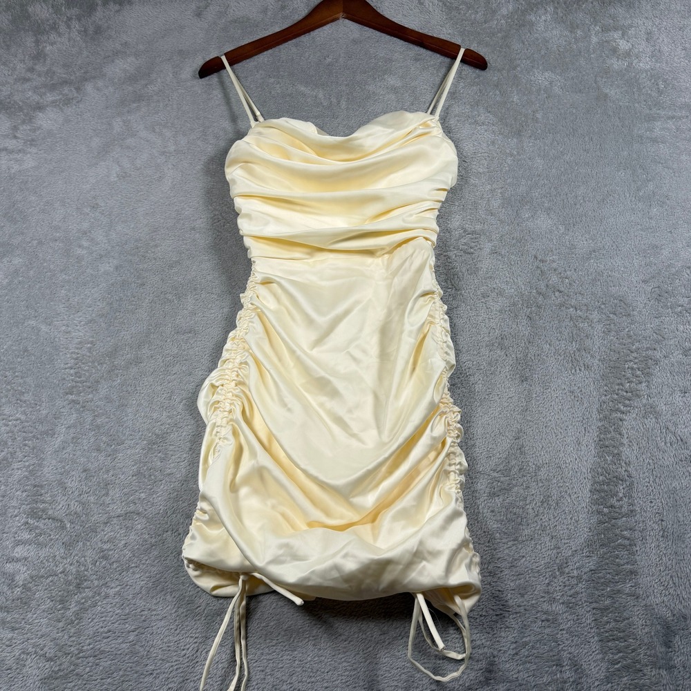 Oh Polly Mini Dress Women 2 Yellow Ruched Satin Cowl Neck Adjustable Straps NWT